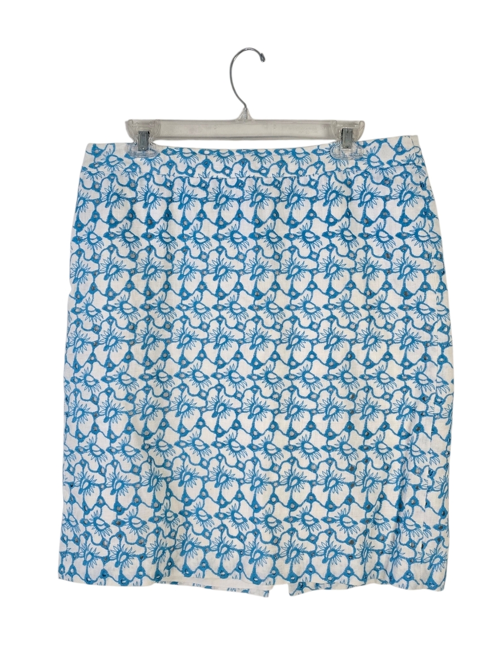 Talbots Linen Blue/White Eyelet Pencil Skirt 12 Floral Casual Spring